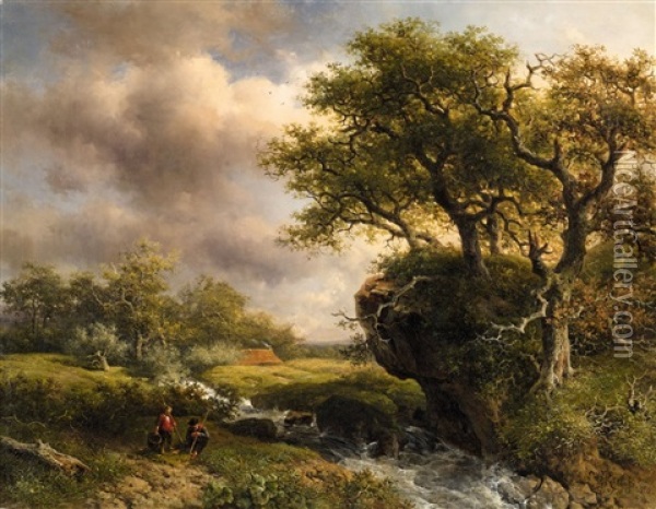 Landscape With A Stream And Two Anglers Oil Painting - Willem Roelofs
