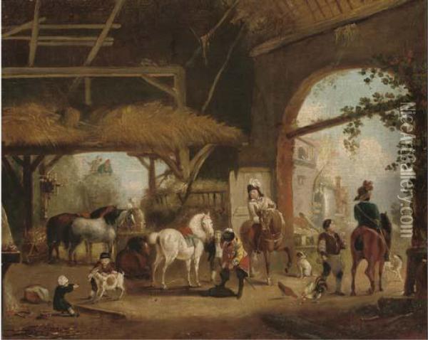 A Hunting Party Setting Out From A Barn Oil Painting - Pieter Wouwermans or Wouwerman