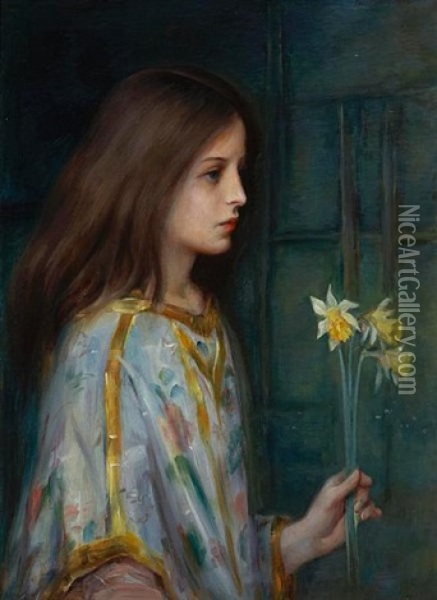 A Young Girl Holding Daffodils Oil Painting - Laura Adeline Muntz