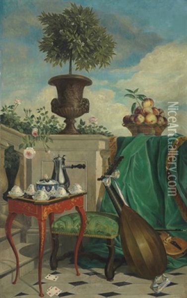 A Terrace Set For Tea With Musical Instruments Oil Painting - Alexandre Francois Desportes