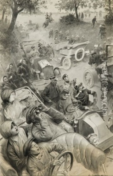 Aux Manoeuvres De Picardie En 1910: Un Aviateur Passe Oil Painting - Louis Remy Sabattier