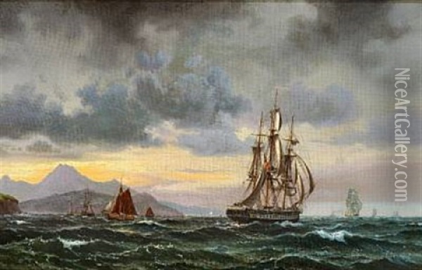 Seascape With Numerous Sailing Ships Near A Rocky Coast Oil Painting - Vilhelm Melbye