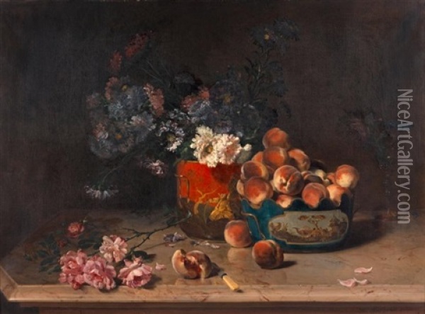 Nature Morte De Fleurs Et De Fruits Dans Des Rafraichissoirs En Tole Peinte Oil Painting - Philippe Rousseau