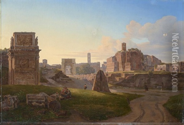 The Roman Forum With The Arch Of Constantine, The Temple Of Venus And Rome, And The Via Sacra Leading To The Arch Of Titus Oil Painting - Pierre Monami
