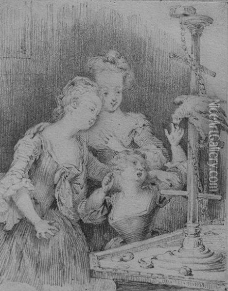 Les Jeunes Femmes Et Le Perroquet Oil Painting - Francois, Francisque Grenier De Saint Martin