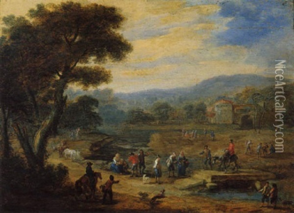 Landscape With Peasants Resting Beside A Stream With Buildings Beyond Oil Painting - Mathys Schoevaerdts