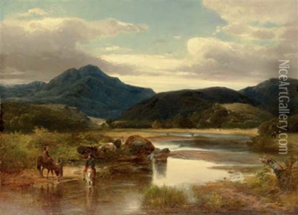 Horse Riders By A River (+ Scottish Countryside; 2 Works) Oil Painting - William M. Hart