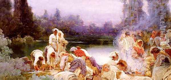 Washerwomen At The River's Edge Oil Painting - Enrique Serra y Auque