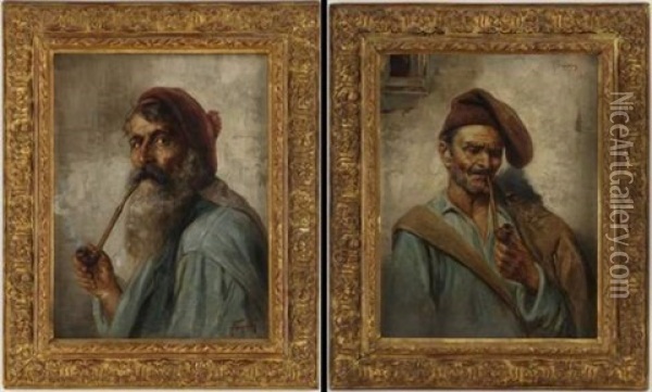 Vieux Pecheurs Napolitains (pair) Oil Painting - Raffaele Frigerio