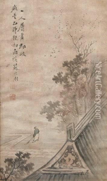 Pagoda Roof Under Trees And Flying Birds Oil Painting - Su Liupeng