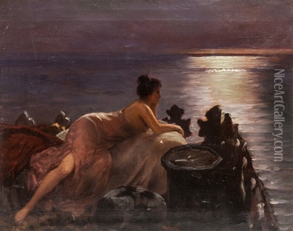 Woman Looking Out To Sea Oil Painting - Vasili Aleksandrovich Kotarbinsky
