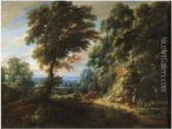 A Wooded Landscape With A 
Shepherdess Passing A Steep Bank,probably On The Edge Of The Foret De 
Soignes Oil Painting - Jaques D'Arthois