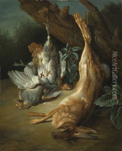 A Landscape With A Brace Of Partridges And A Hare Oil Painting - Jean-Baptiste Oudry