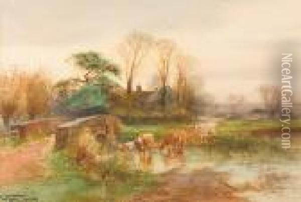 Cattle Watering By A Bridge Oil Painting - Henry Charles Fox