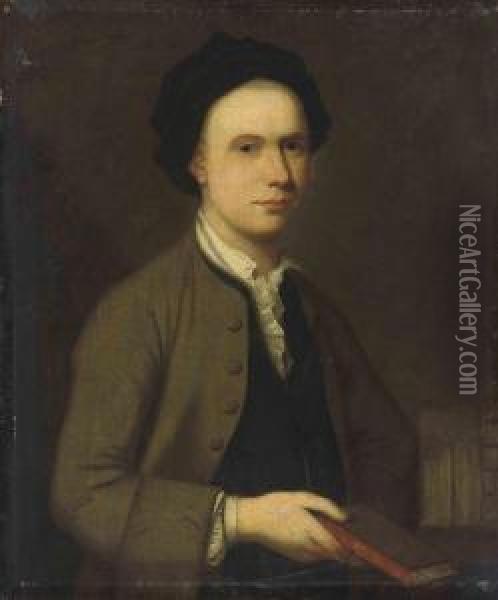 Portrait Of A Gentleman, 
Half-length, Wearing A Brown Coat Andholding A Copy Of 'spectator' Oil Painting - Richardson. Jonathan