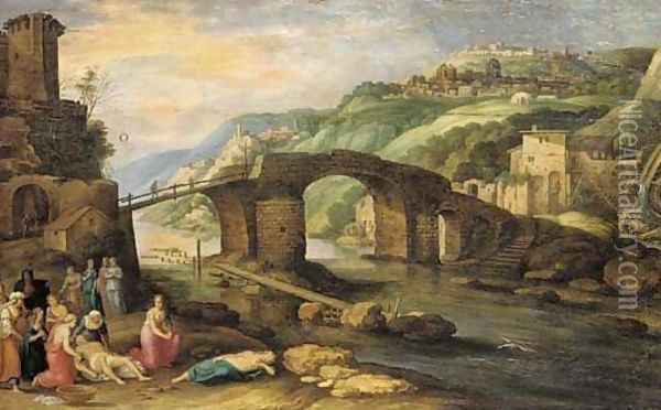 An Italiante landscape with a bridge before a town, Hero and Leander in the foreground Oil Painting - Willem van, the Younger Nieulandt