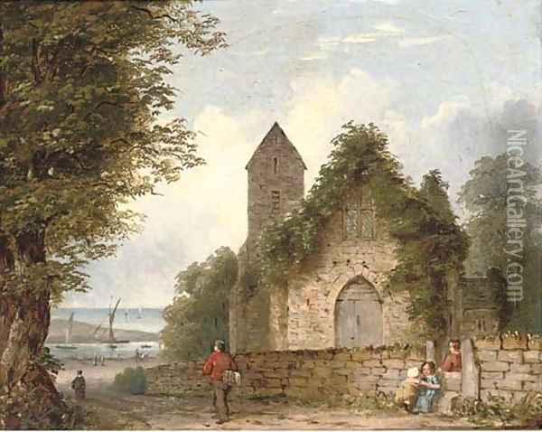 Outside the village church Oil Painting - English School