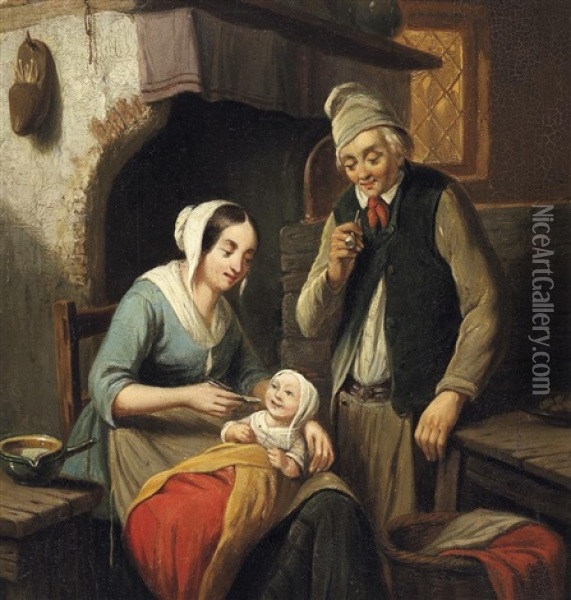 Der Erste Brei. Junge Familie In Der Stube Oil Painting - Henri Joseph Gommarus Carpentero