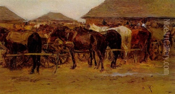 Marktpferde Oil Painting - August Xaver Carl von Pettenkofen