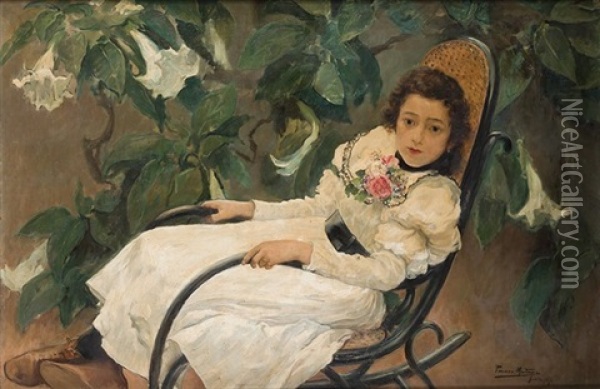 Retrato De Virtudes Con 12 Anos Sentada En Una Mecedora, 1896 Oil Painting - Jose Pinazo Martinez