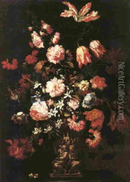 Still Life Of Flowers In A Stone Vase Upon A Ledge Oil Painting - Bartolome Perez
