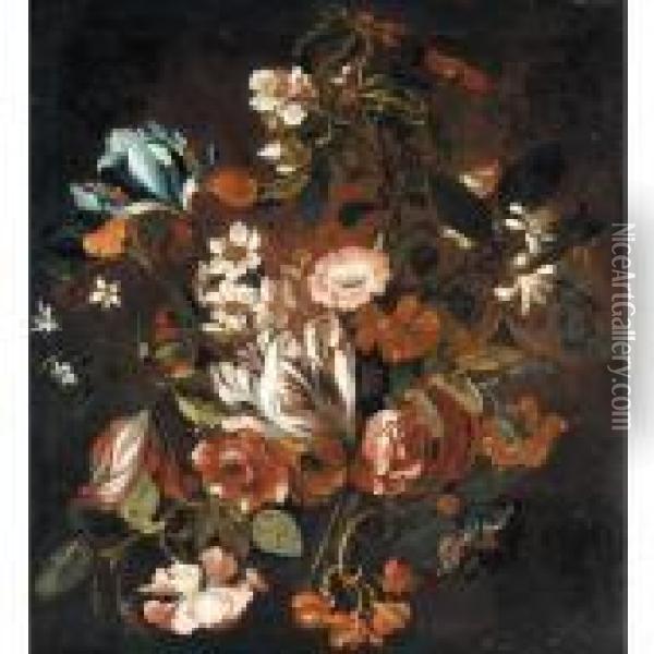 Still Life Of Tulips, Narcissi, 
Morning Glory, Irises, Roses, Orange Blossom And Chrysanthemums Oil Painting - Simon Pietersz. Verelst