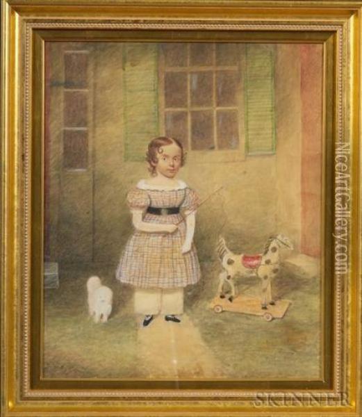 Boy With A Whip, Horse Pull Toy, And Dog. Oil Painting - Moses B. Russell