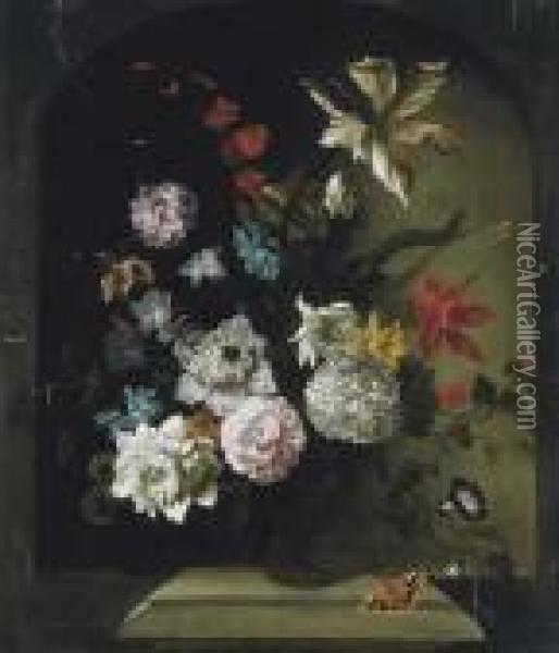 Still Life Of Flowers In A Stone Niche Oil Painting - Pieter III Casteels