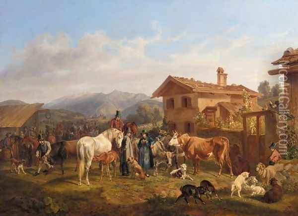 Cow Market in the Bavarian Alps (Ein Viehmarkt im Bayrischen Gebirge) Oil Painting - Benno Adam