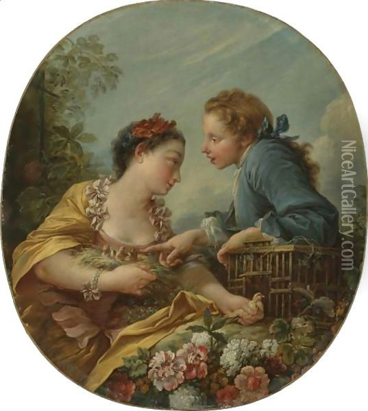 A Young Woman And Youth Placing Young Birds In A Cage The Bird Nesters Oil Painting - Francois Boucher