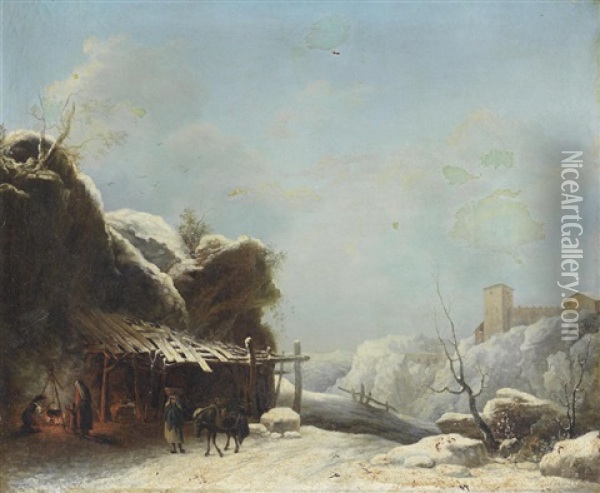 A Winter Landscape With A Woman And Her Donkey On A Path Oil Painting - Louis-Claude Malbranche