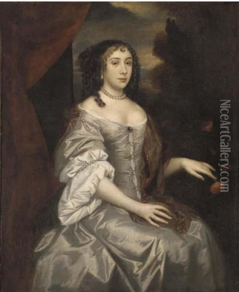 Portrait Of A Lady Underhill, 
Seated Three-quarter-length, In A Silver Dress, And Brown Wrap Oil Painting - Sir Peter Lely