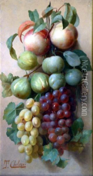 Italian Oil On Wooden Panel Still Life Of Hanging Fruit Signed 19.5 X 10.5in Oil Painting - Tito Chelazzi