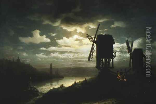 Nocturnal Landscape and Windmills Oil Painting - Jozef Marszewski