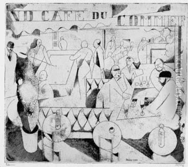 Le Cafe Du Commerce. 1913. Oil Painting - Jean Emile Laboureur