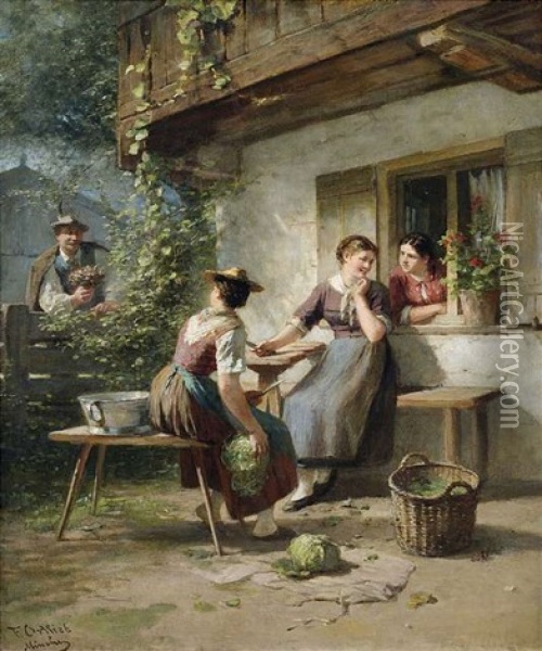 Eine Bauerin Wird In Anwesenheit Ihrer Freundinnen Von Einem Blumenkavalier Uberrascht Oil Painting - Friedrich Ortlieb