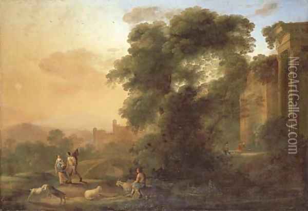 An Italianate landscape with a couple on a path by a river, a shepherd resting with his flock and men collecting water by classical ruins Oil Painting - Herman Van Swanevelt