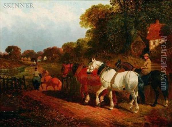 Horses And Riders On A Country Lane Oil Painting - John Frederick Herring Snr