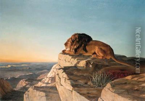 A Lion Looking Over A Valley From A Mountain Oil Painting - Urs Eggenschwiler