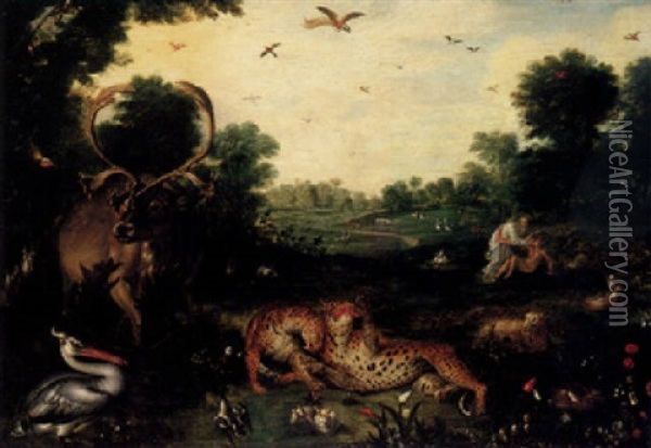 The Garden Of Paradise With Animals And God Creating Adam Oil Painting - Jan Brueghel the Elder