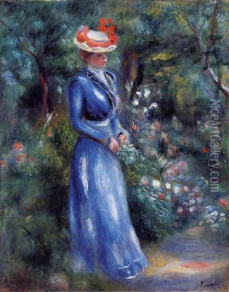 Woman In A Blue Dress Standing In The Garden Of Saint Cloud Oil Painting - Pierre Auguste Renoir