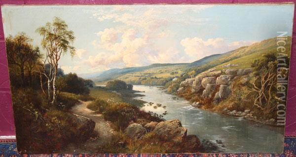 Extensive River Landscape With Hills Beyond Oil Painting - A. Niemann