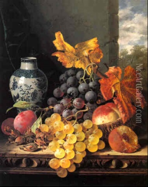 Still Life With Fruit, Cobnuts And An Oriental Vase On A Carved Ledge Oil Painting - Edward Ladell