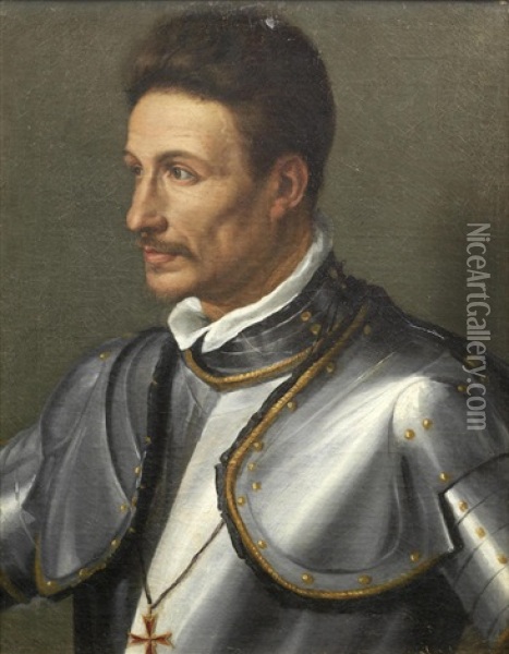 Portrait Of A Gentleman, Half-length, In Armour, Wearing The Order Of Saint Stephen Oil Painting - Alessandro di Cristofano Allori