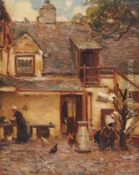 Govilon South Wales, Turkey Chasing Rooster Round Milk Churn Oil Painting - Ernest Higgins Rigg