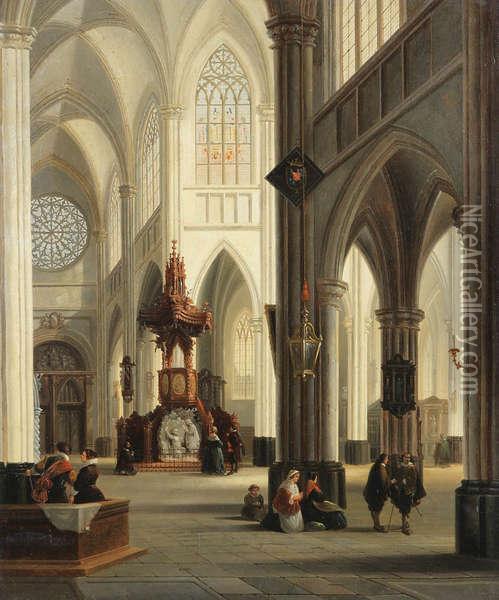 Interieur Van Een Gotischekathedraal Met Figuren En Fraaie Preekstoel Oil Painting - Emile Pierre J. De Cauwer