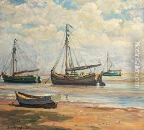 Boats On Shore At Sonderho, Low Tide. Signed Dohm 28 Oil Painting - Heinrich Dohm