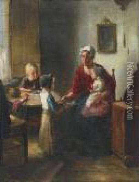 Helping Mother Feed Younger Sister Oil Painting - Bernard Johann De Hoog