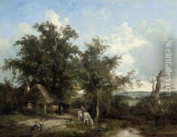 Figures Watering A Horse Beside A Country Road Oil Painting - Henry John Boddington