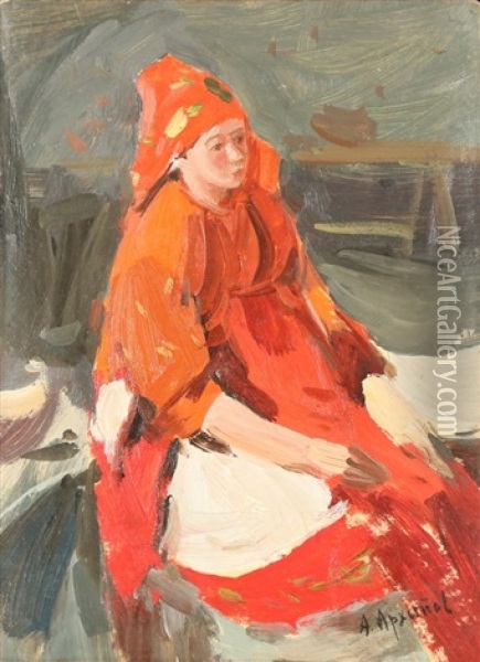 Study Of Peasant Woman In Red Costume Oil Painting - Abram Efimovich Arkhipov